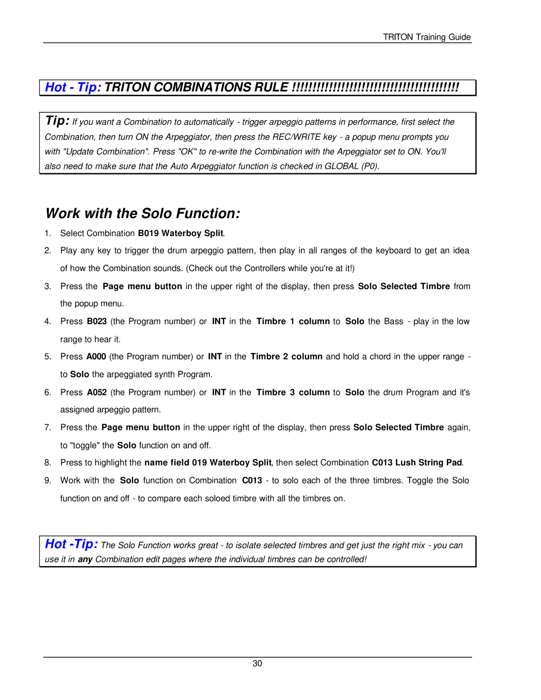 Korg Musical Instrument manual Work with the Solo Function, Hot Tip Triton Combinations Rule 