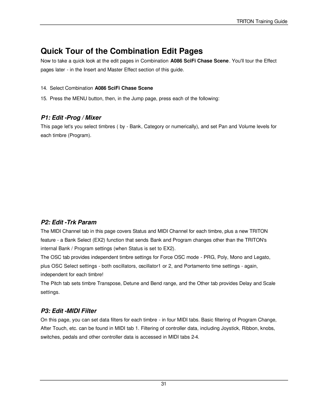 Korg Musical Instrument manual Quick Tour of the Combination Edit Pages, P1 Edit -Prog / Mixer, P2 Edit -Trk Param 