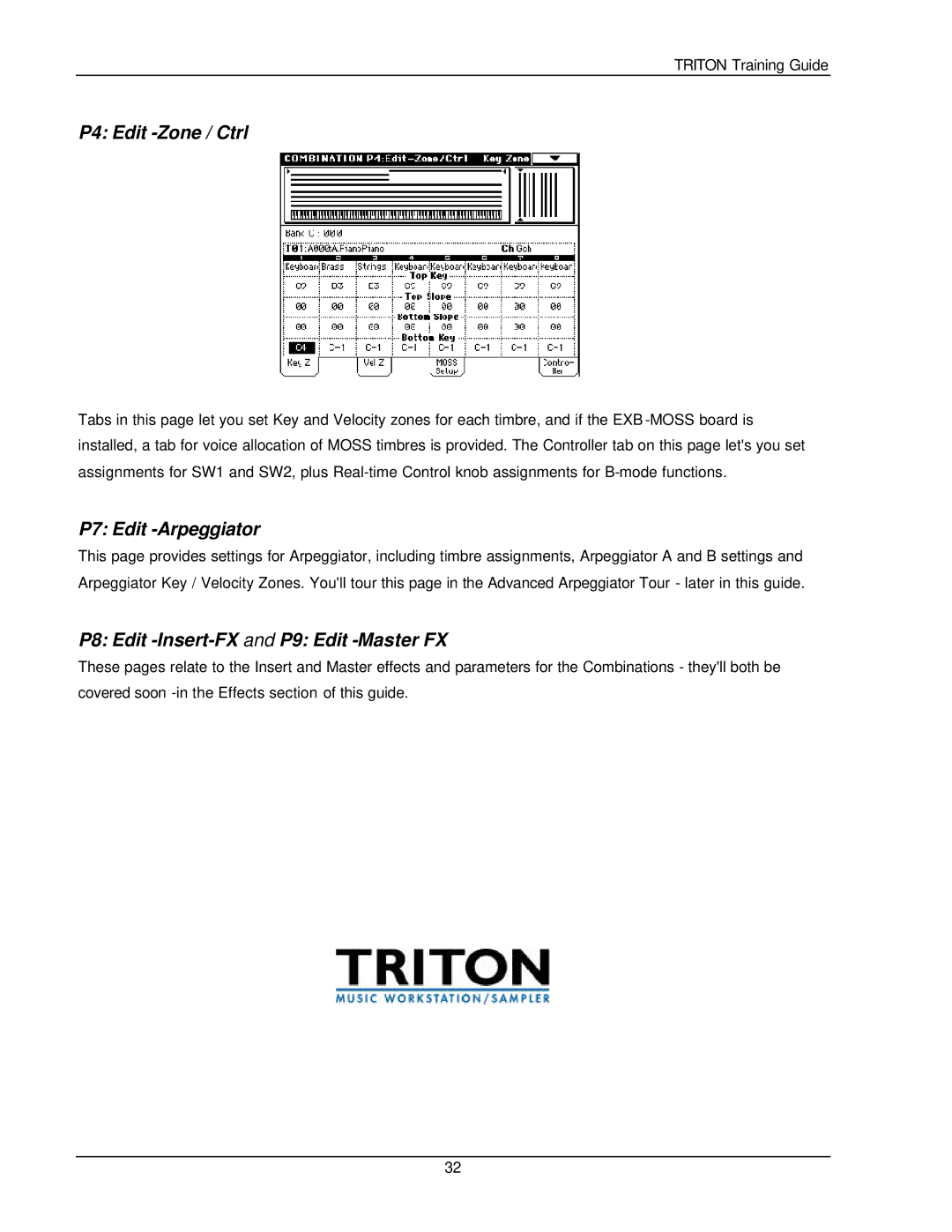 Korg Musical Instrument manual P4 Edit -Zone / Ctrl, P7 Edit -Arpeggiator, P8 Edit -Insert-FX and P9 Edit -Master FX 