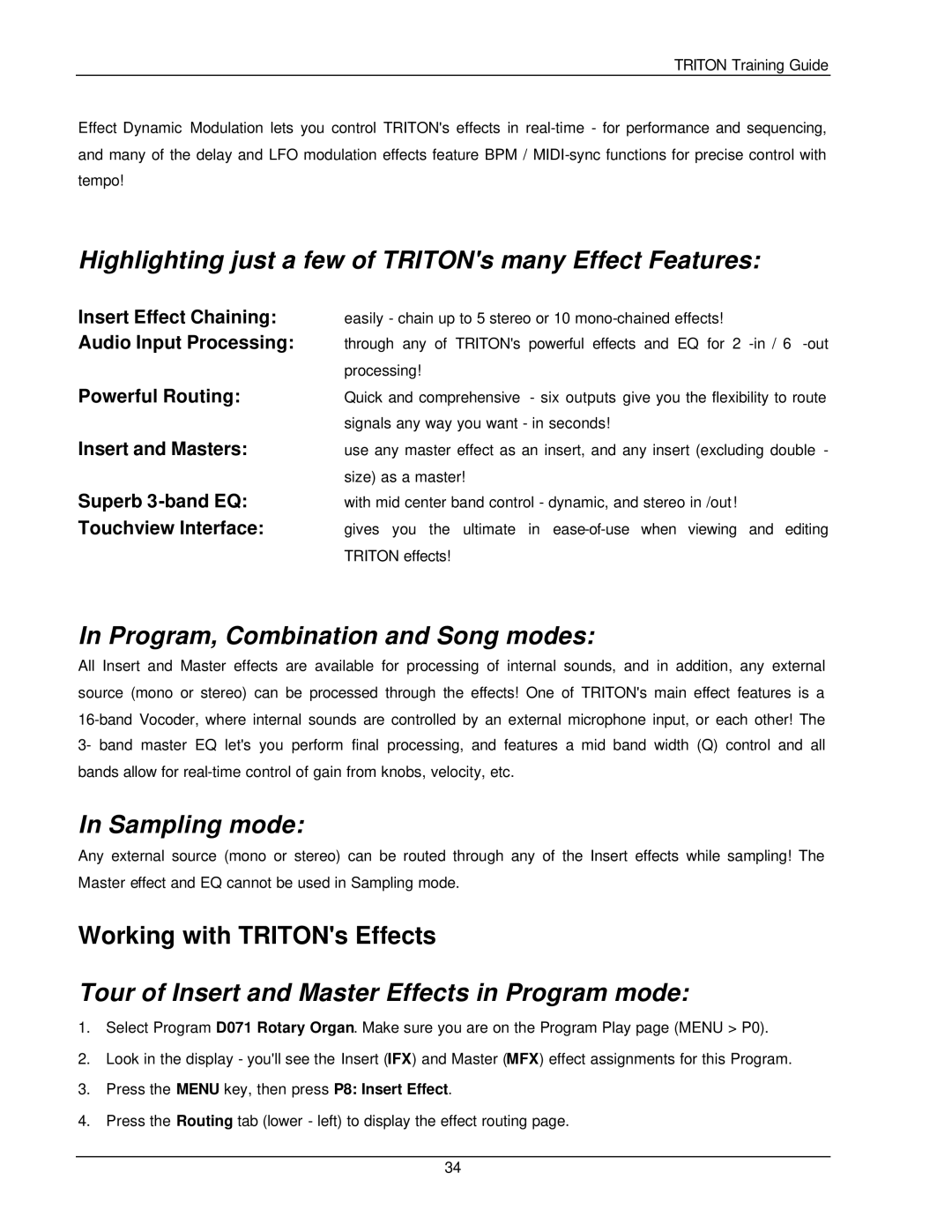 Korg Musical Instrument manual Highlighting just a few of TRITONs many Effect Features, Program, Combination and Song modes 