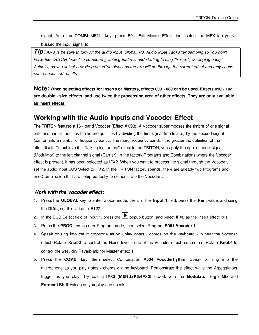 Korg Musical Instrument manual Working with the Audio Inputs and Vocoder Effect, Work with the Vocoder effect 