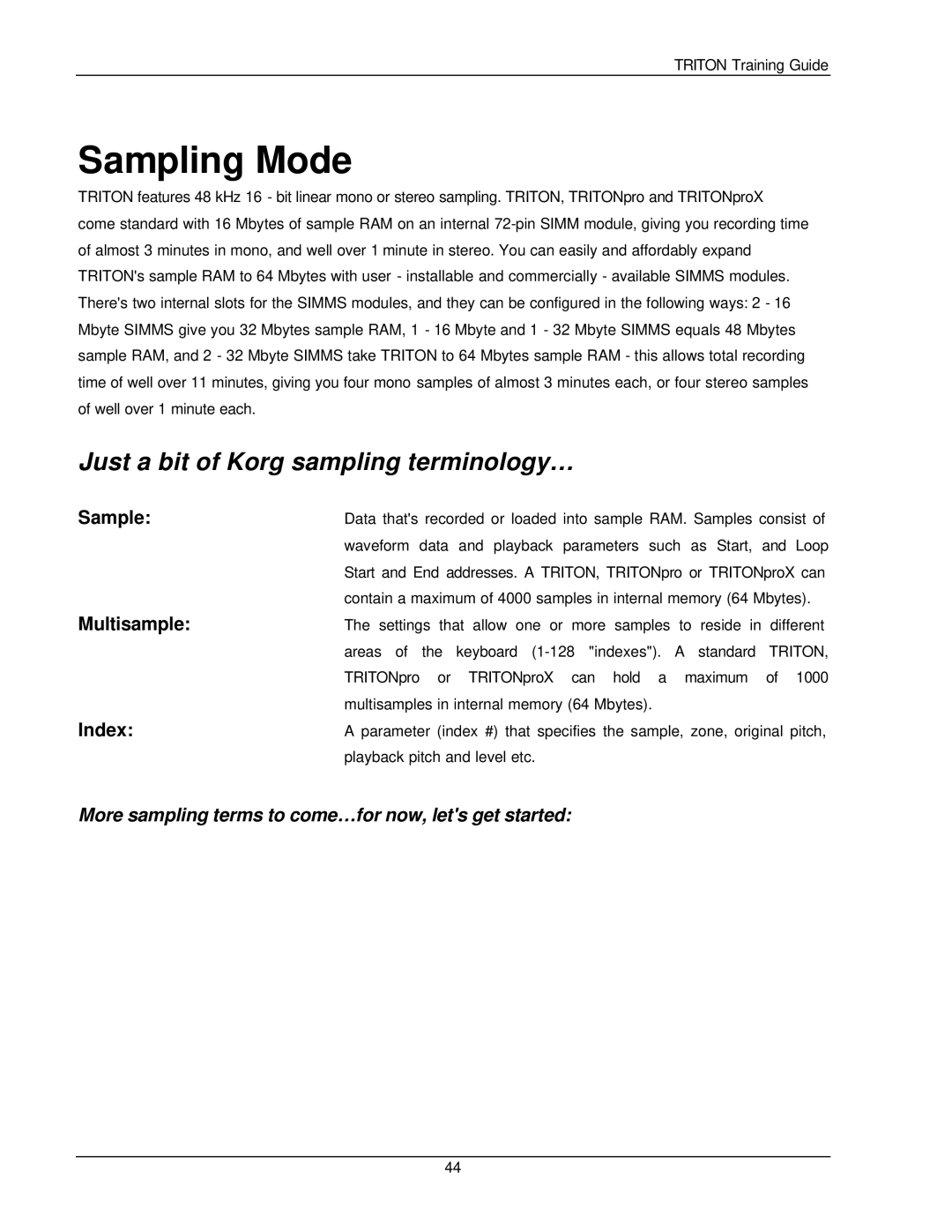 Korg Musical Instrument manual Sampling Mode, Just a bit of Korg sampling terminology… 