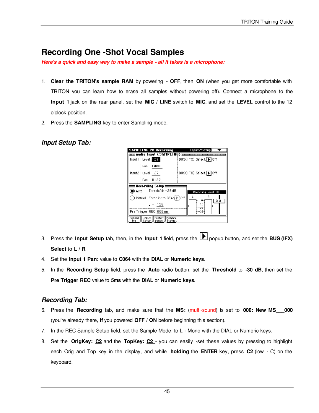 Korg Musical Instrument manual Recording One -Shot Vocal Samples, Input Setup Tab, Recording Tab 