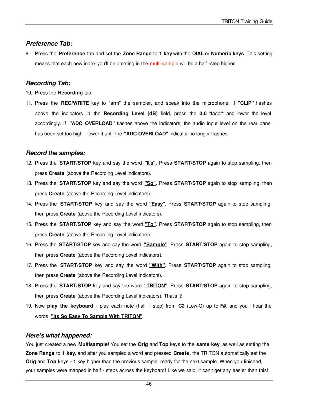 Korg Musical Instrument manual Preference Tab, Record the samples, Heres what happened 