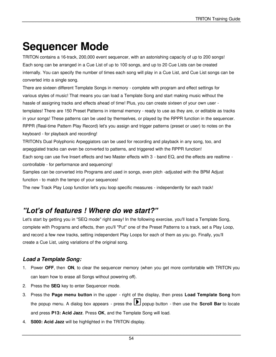 Korg Musical Instrument manual Sequencer Mode, Lots of features ! Where do we start?, Load a Template Song 