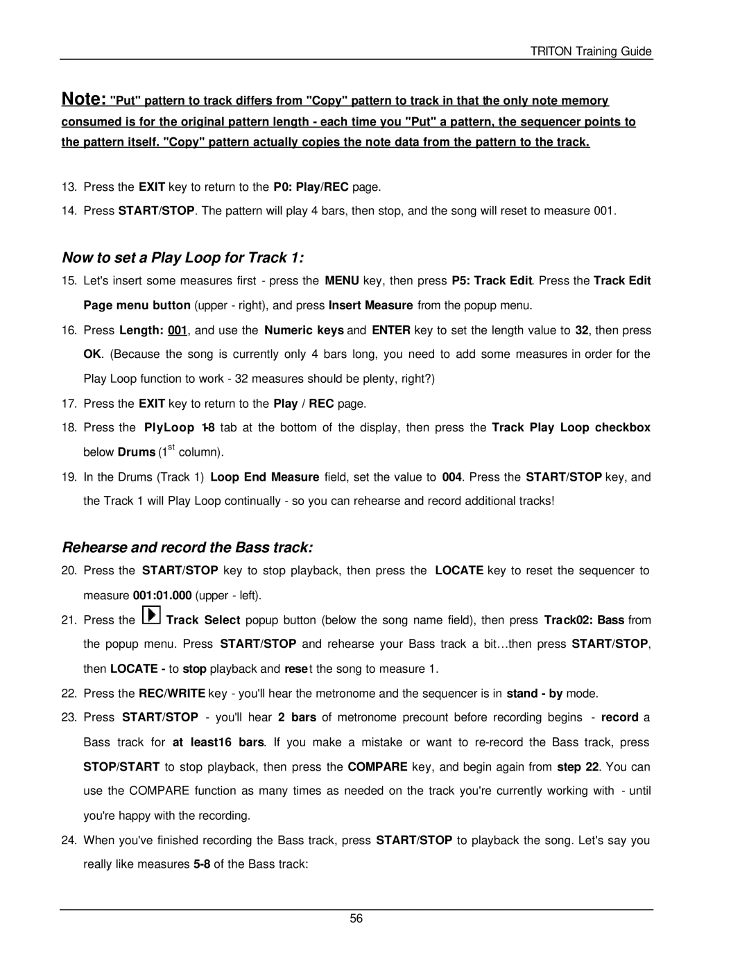 Korg Musical Instrument manual Now to set a Play Loop for Track, Rehearse and record the Bass track 