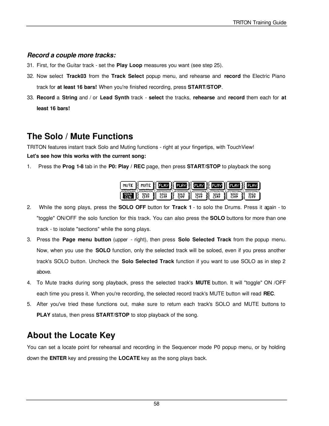 Korg Musical Instrument manual Solo / Mute Functions, About the Locate Key, Record a couple more tracks 