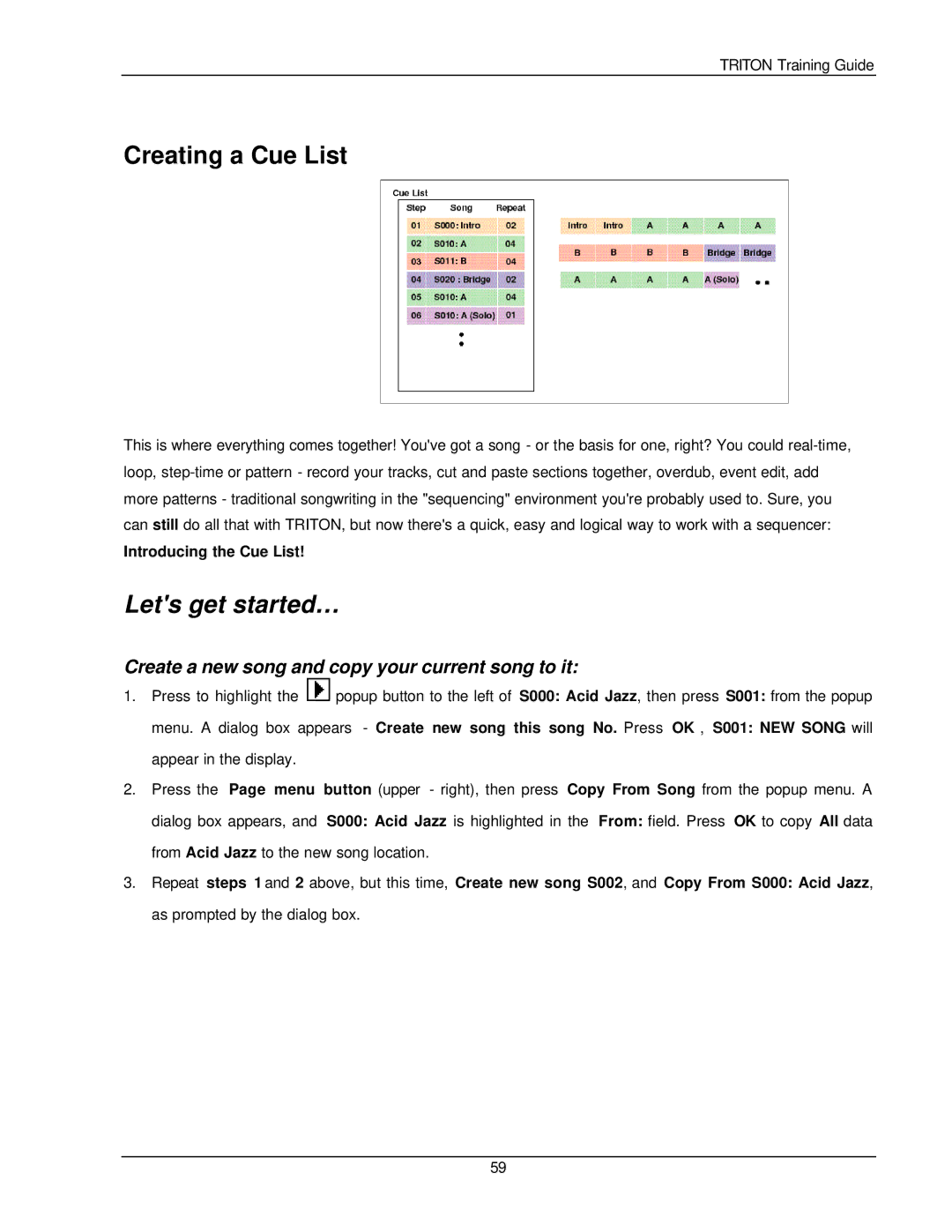 Korg Musical Instrument manual Creating a Cue List, Lets get started…, Create a new song and copy your current song to it 