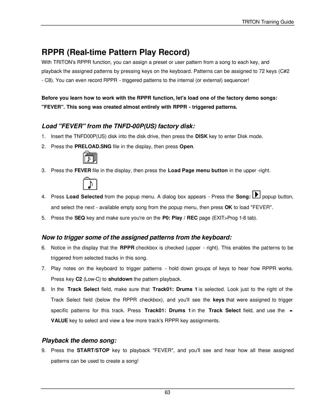 Korg Musical Instrument manual Rppr Real-time Pattern Play Record, Load Fever from the TNFD-00PUS factory disk 