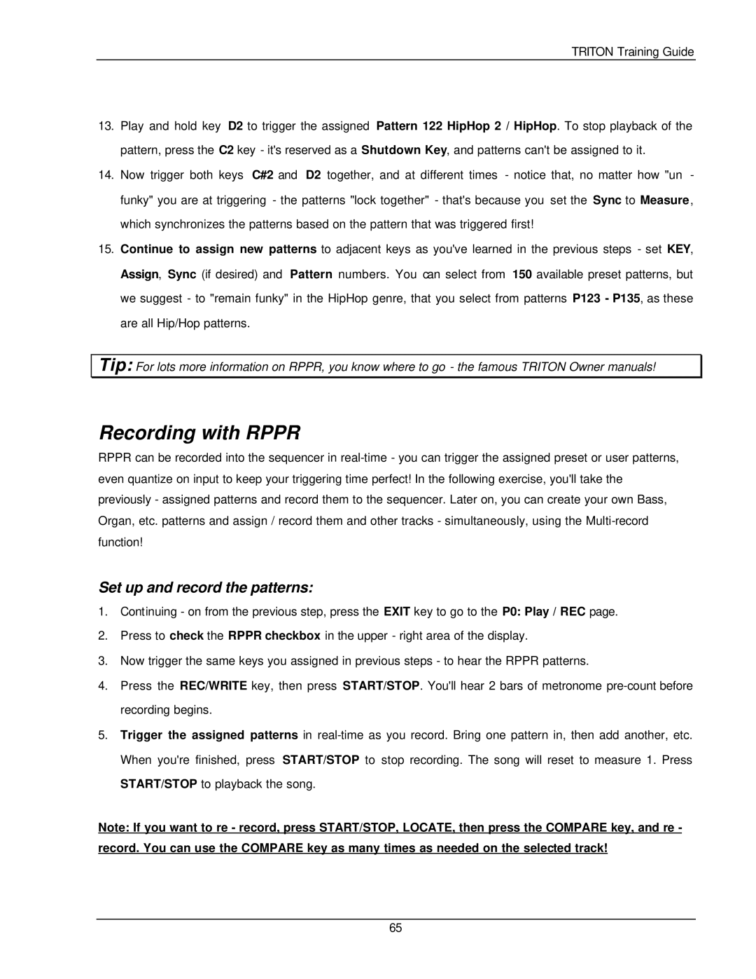 Korg Musical Instrument manual Recording with Rppr, Set up and record the patterns 