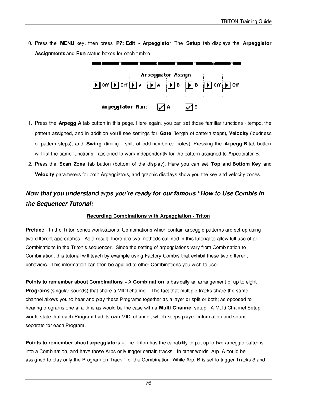 Korg Musical Instrument manual Recording Combinations with Arpeggiation Triton 