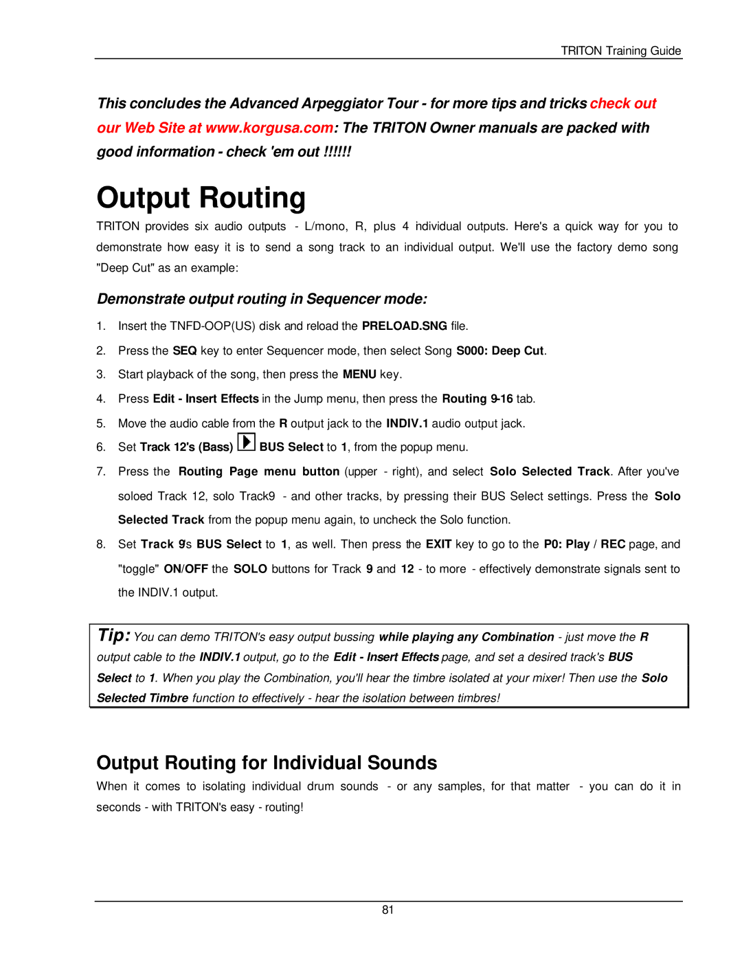 Korg Musical Instrument manual Output Routing for Individual Sounds, Demonstrate output routing in Sequencer mode 