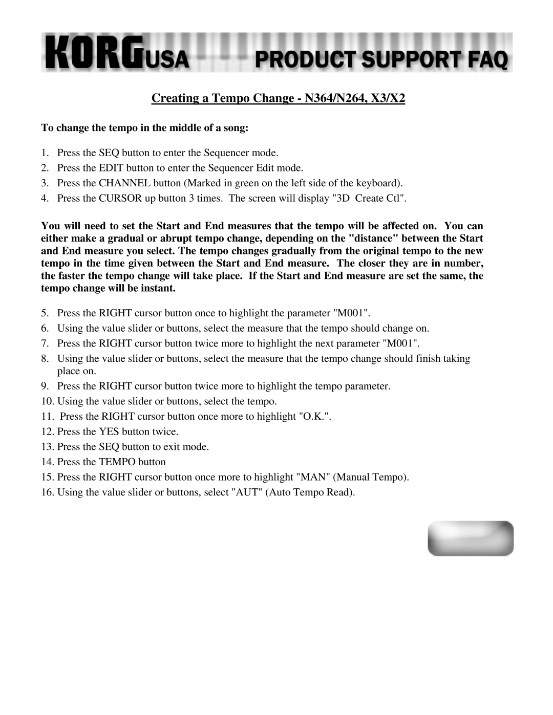 Korg N264 - 76 manual Creating a Tempo Change N364/N264, X3/X2, To change the tempo in the middle of a song 