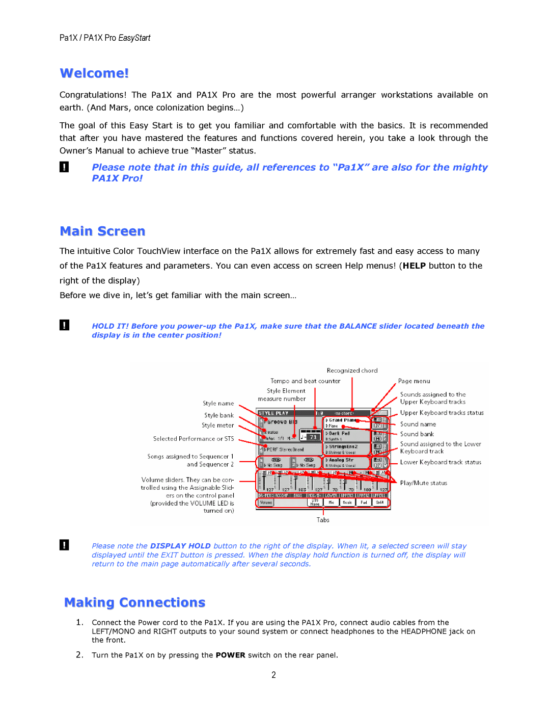 Korg PA1X owner manual Welcome, Main Screen, Making Connections 