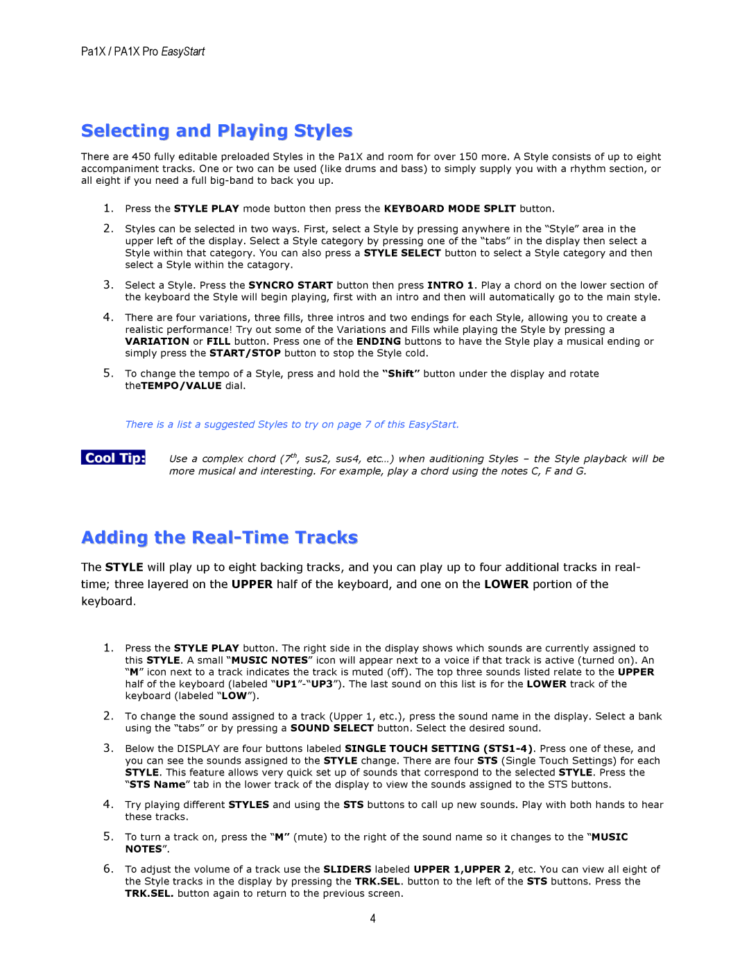 Korg PA1X owner manual Selecting and Playing Styles, Adding the Real-Time Tracks 