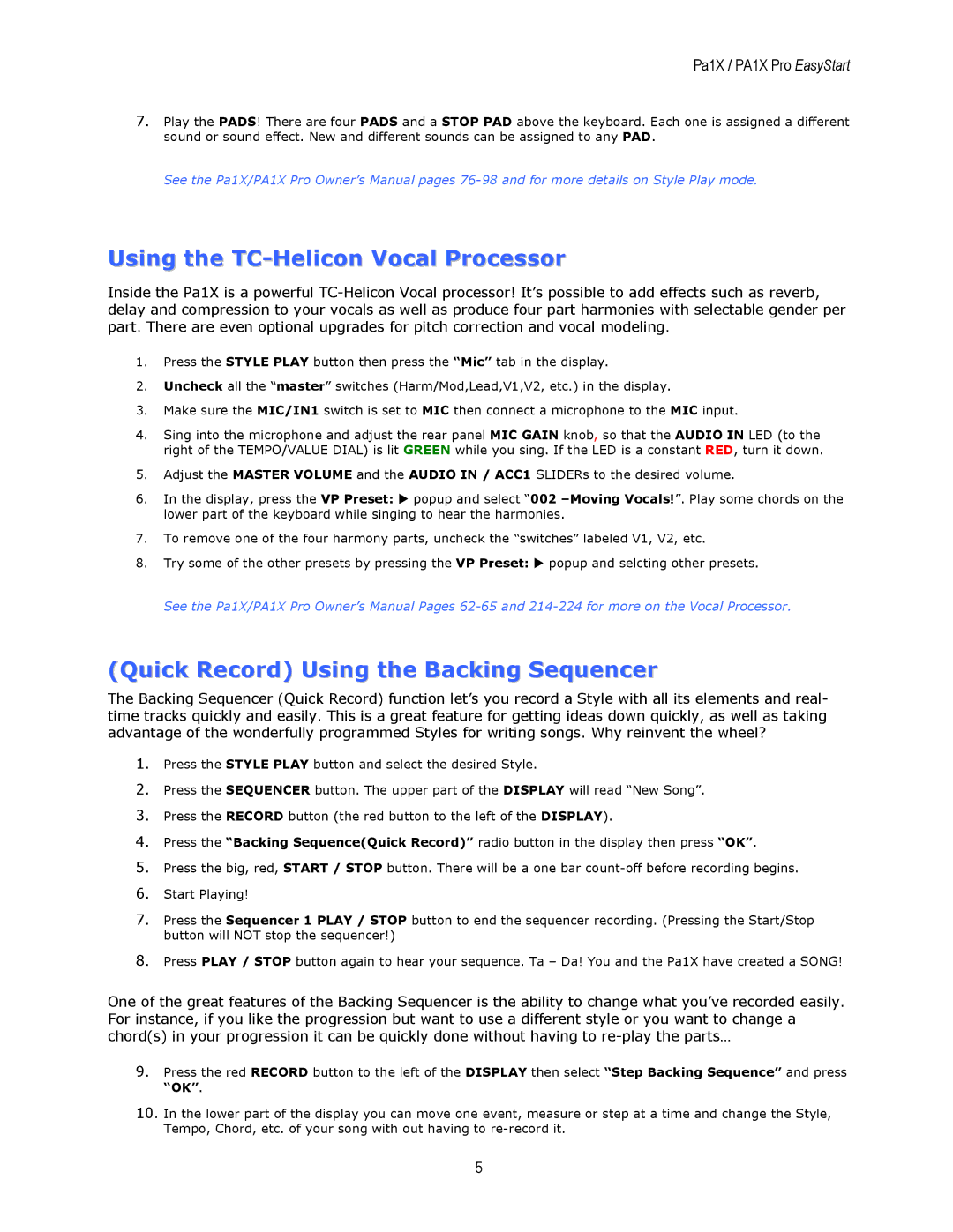 Korg PA1X owner manual Using the TC-Helicon Vocal Processor, Quick Record Using the Backing Sequencer 