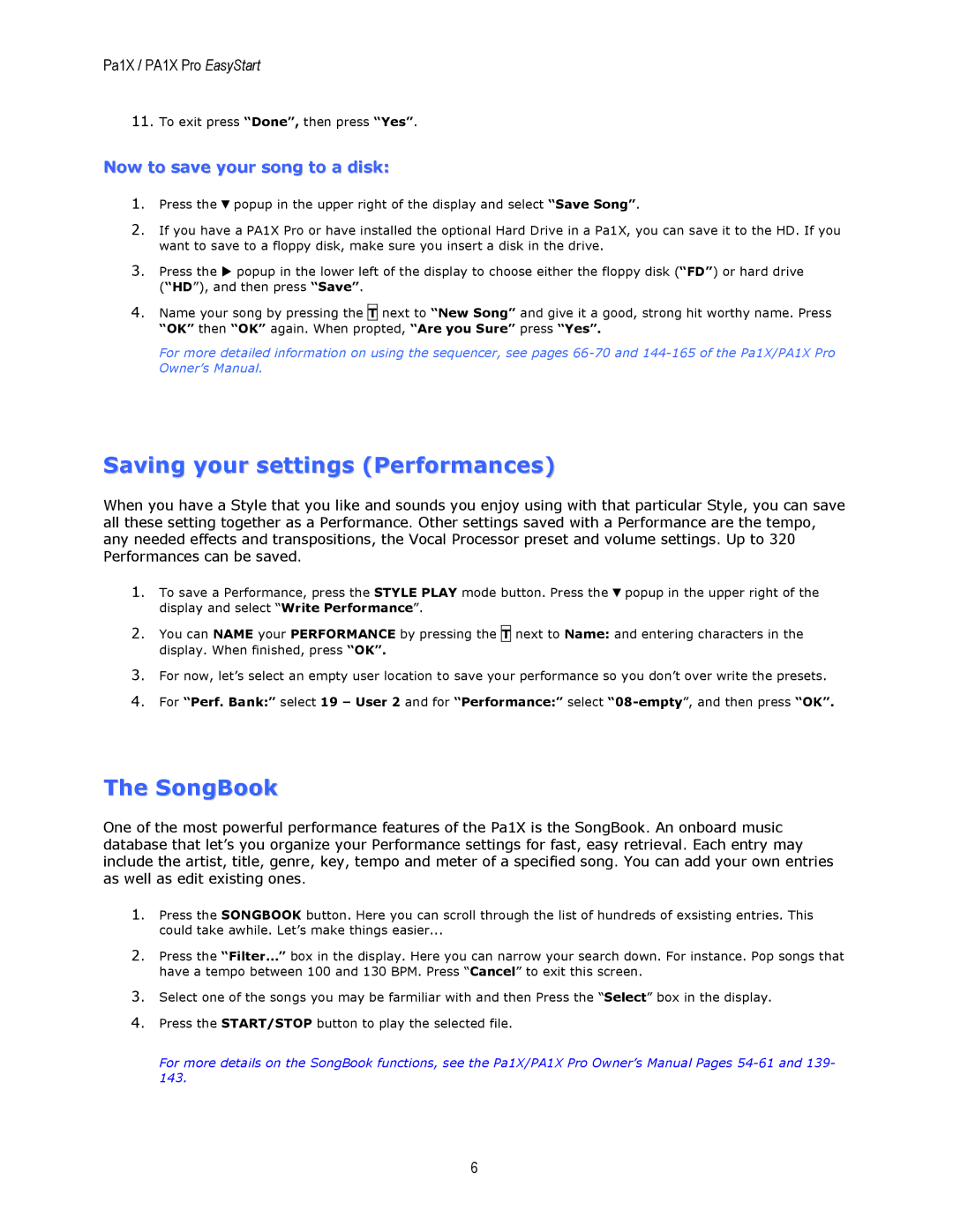 Korg PA1X owner manual Saving your settings Performances, SongBook 