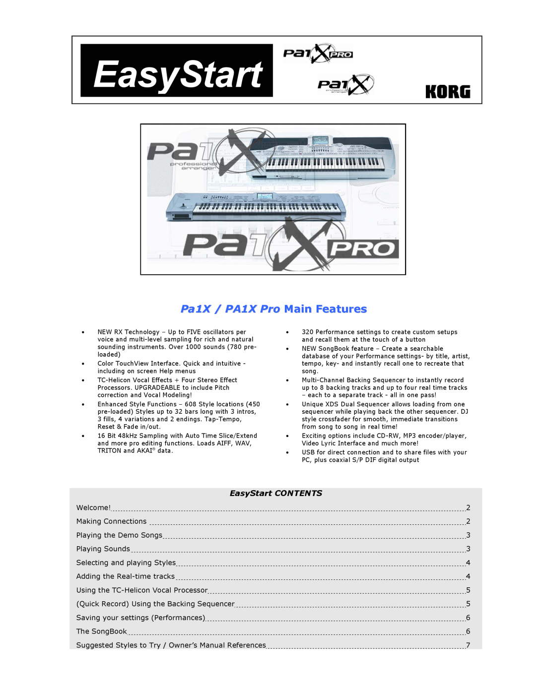 Korg owner manual Pa1X / PA1X Pro Main Features, EasyStart CONTENTS 