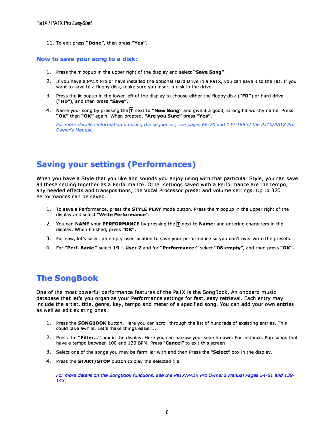 Korg Saving your settings Performances, The SongBook, Pa1X / PA1X Pro EasyStart, Now to save your song to a disk 