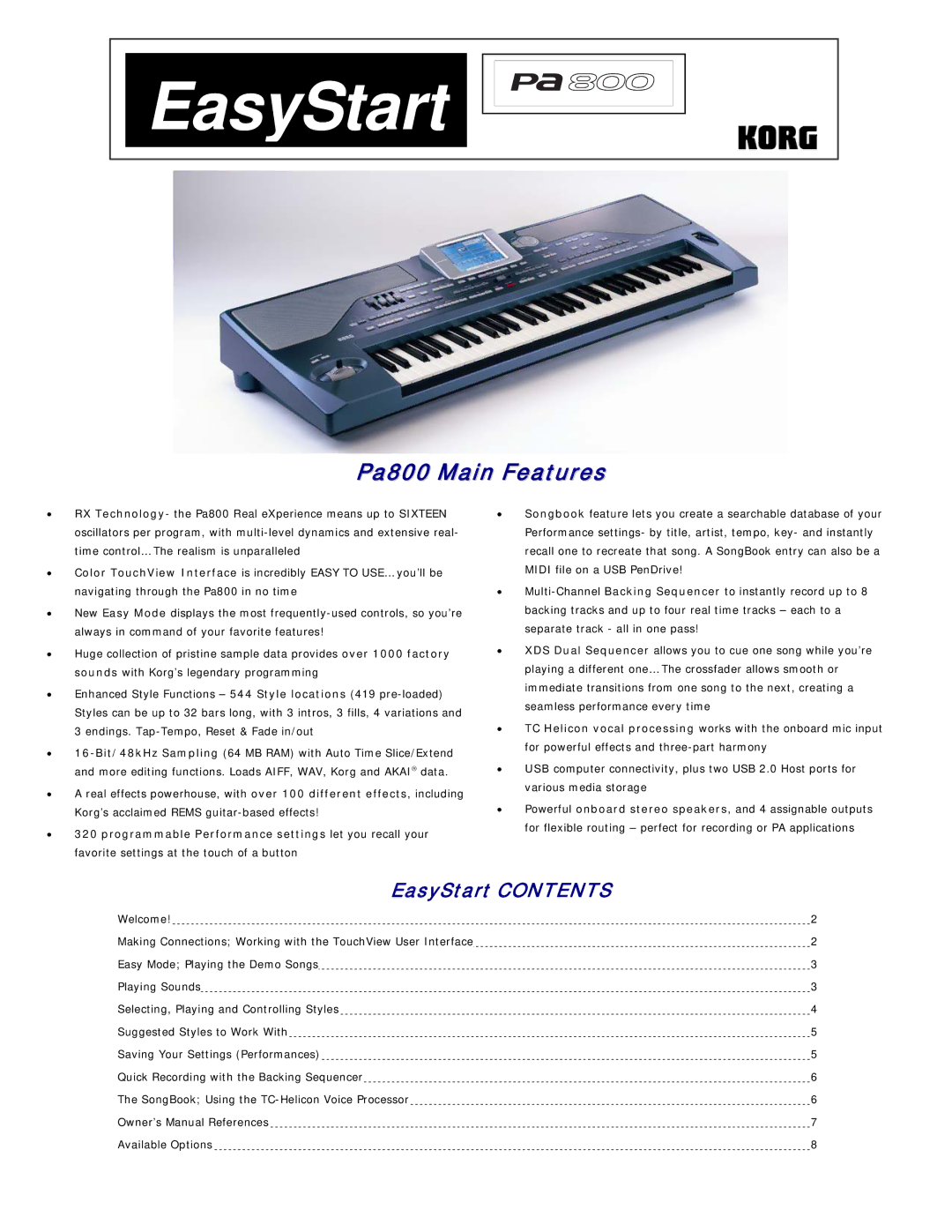 Korg owner manual EasyStart, Pa800 Main Features 