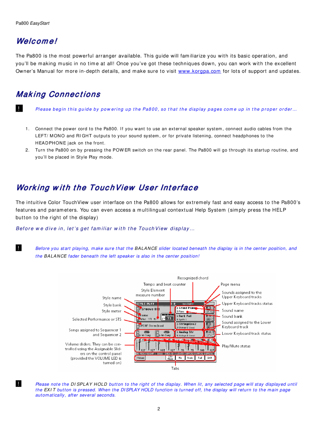 Korg Pa800 owner manual Welcome Making Connections, Working with the TouchView User Interface 