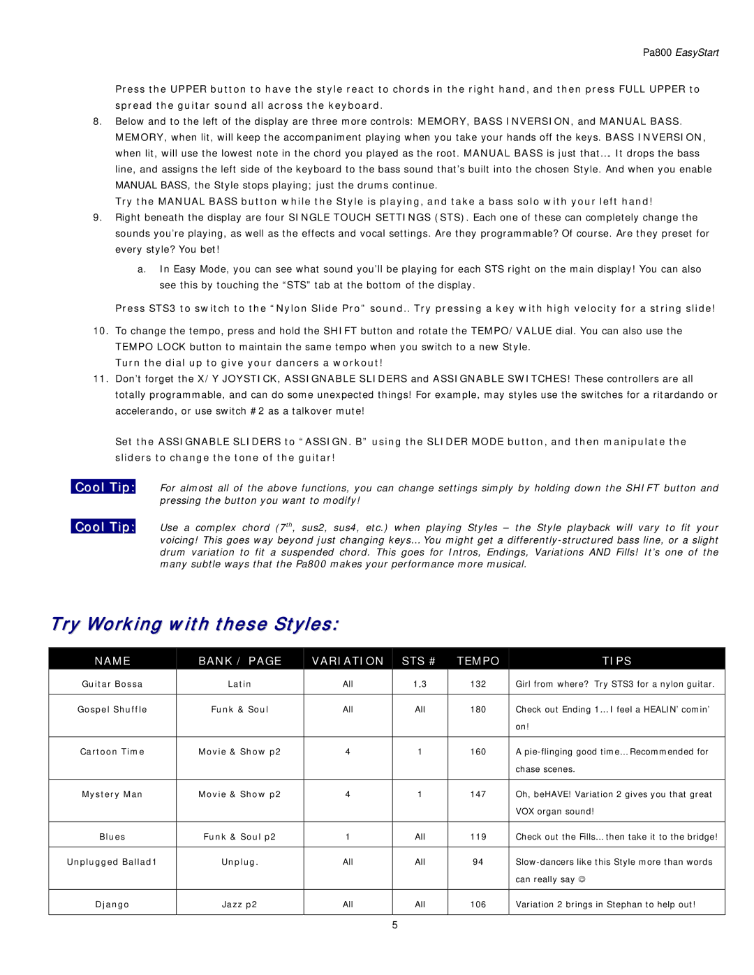 Korg Pa800 owner manual Try Working with these Styles, Cool Tip 