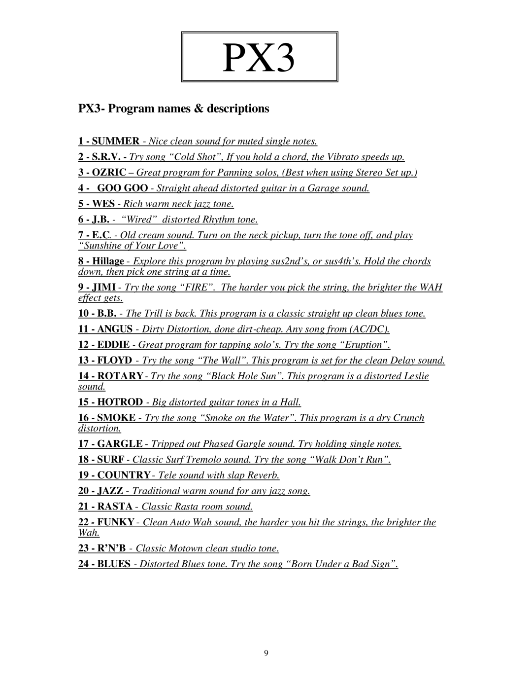 Korg quick start PX3- Program names & descriptions 