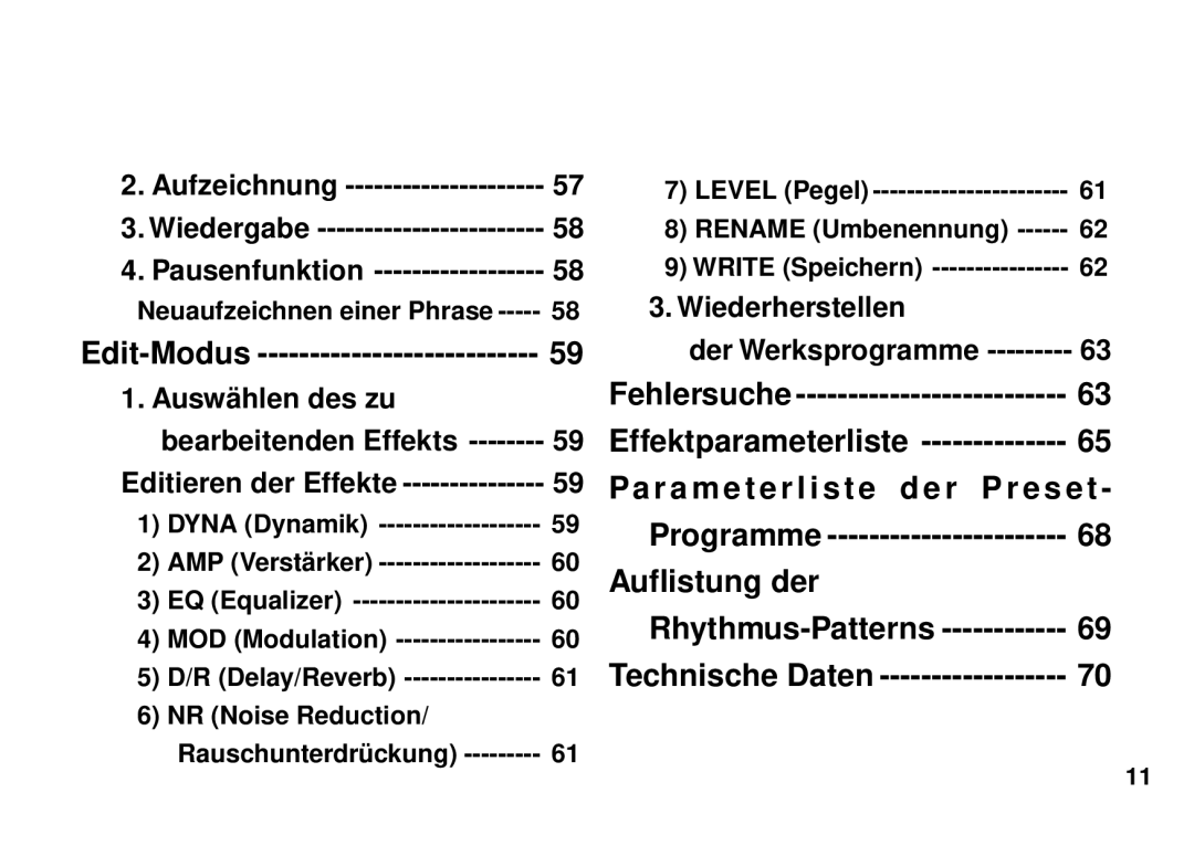 Korg PX3B manual Effektparameterliste, Programme Auflistung der Rhythmus-Patterns 