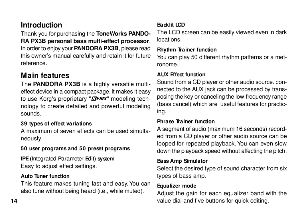 Korg PX3B manual Introduction Main features 