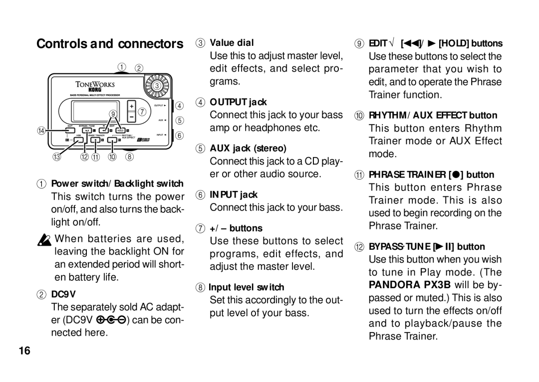 Korg PX3B manual Controls and connectors 