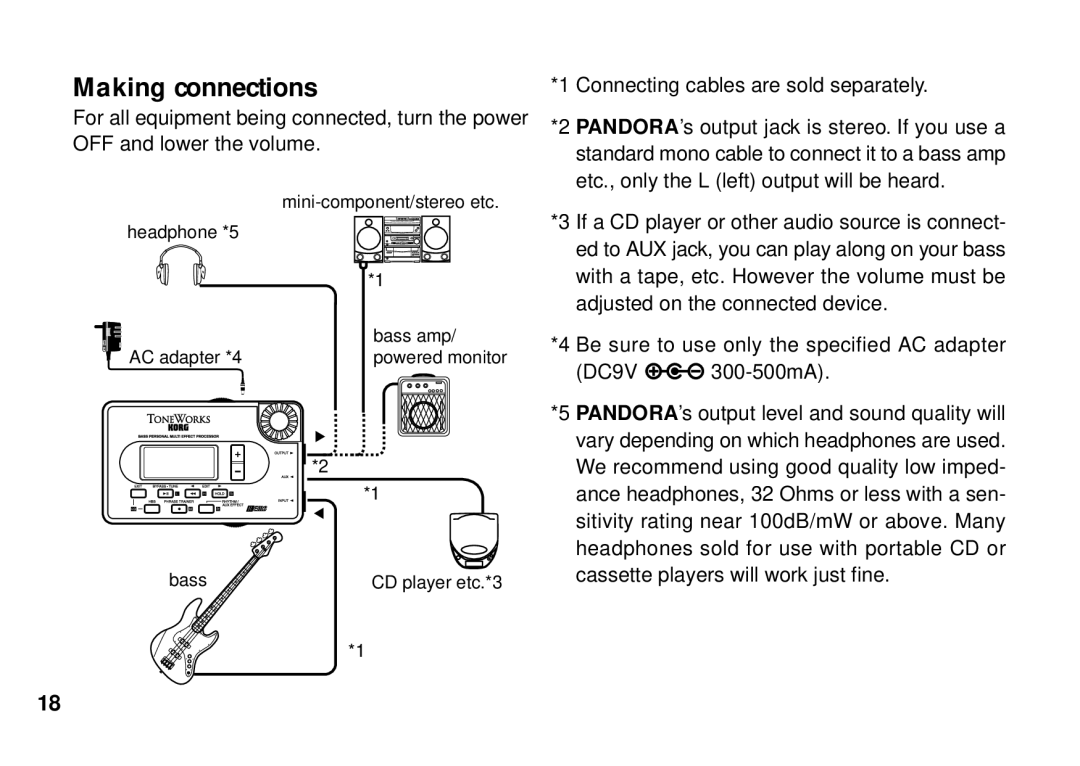 Korg PX3B manual Making connections, Be sure to use only the specified AC adapter DC9V 300-500mA 