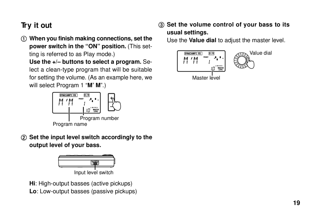 Korg PX3B manual Try it out, Set the volume control of your bass to its usual settings 