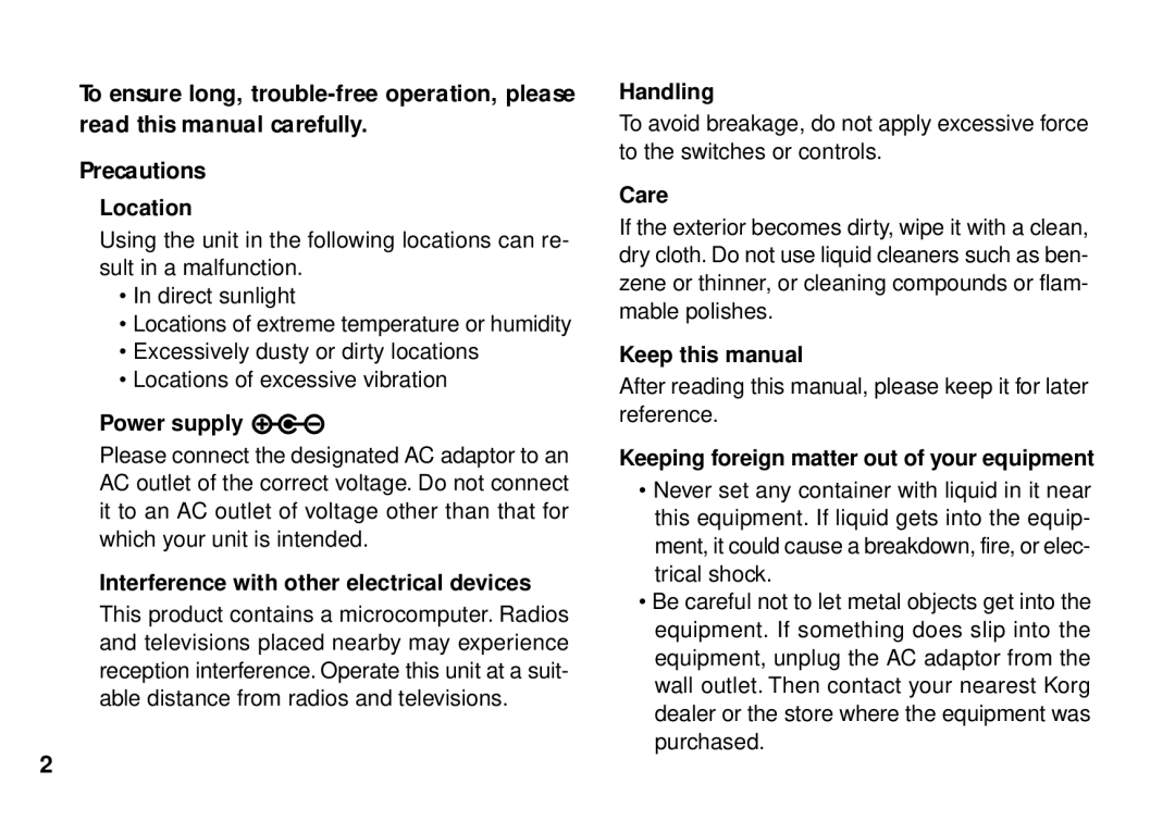 Korg PX3B Location, Power supply, Interference with other electrical devices, Handling, Care, Keep this manual 