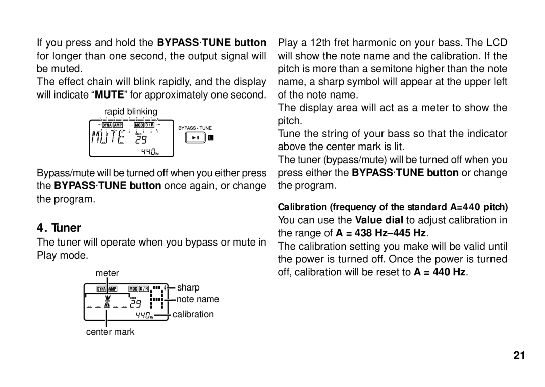 Korg PX3B manual Tuner will operate when you bypass or mute in Play mode 