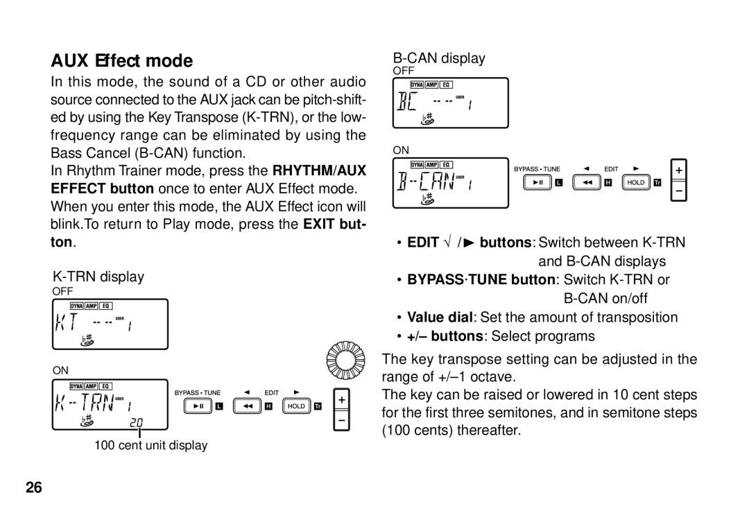 Korg PX3B manual AUX Effect mode, BYPASS·TUNE button Switch K-TRN or B-CAN on/off 