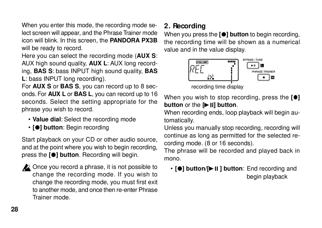 Korg PX3B manual Button/ button End recording and begin playback 