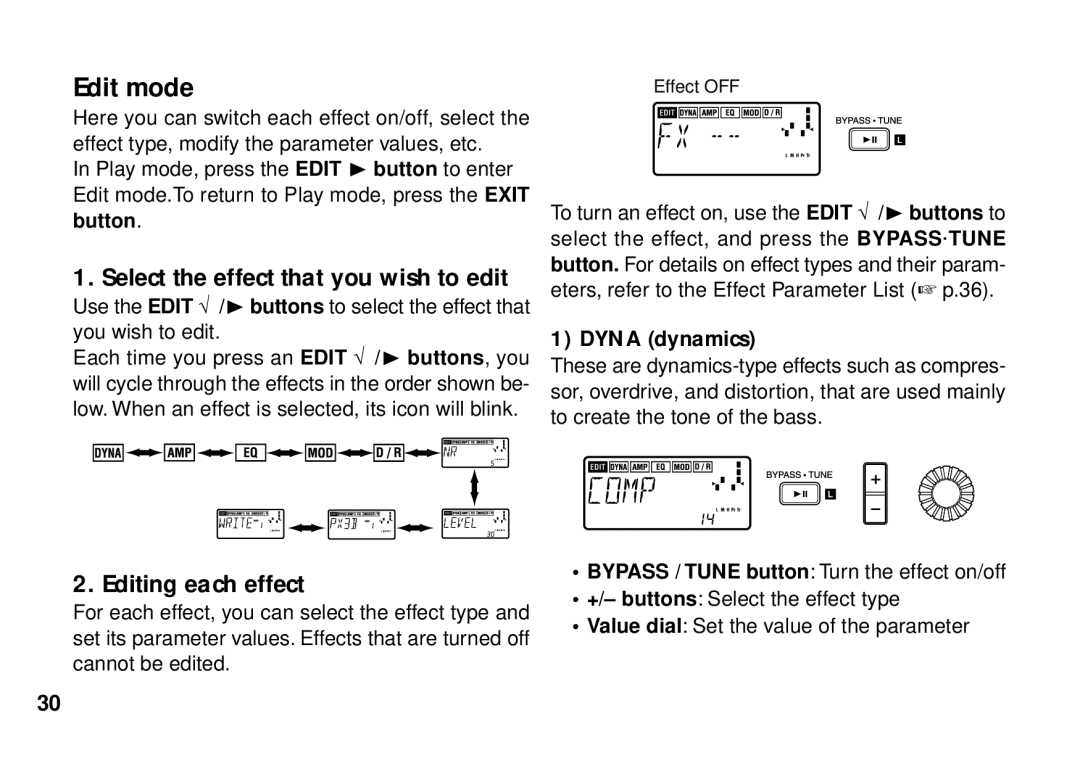 Korg PX3B manual Edit mode, Select the effect that you wish to edit 