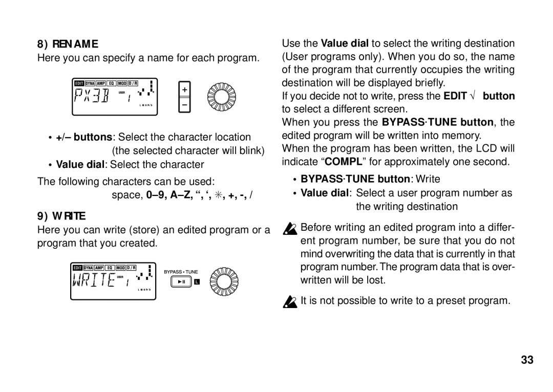 Korg PX3B manual Rename, BYPASS·TUNE button Write 