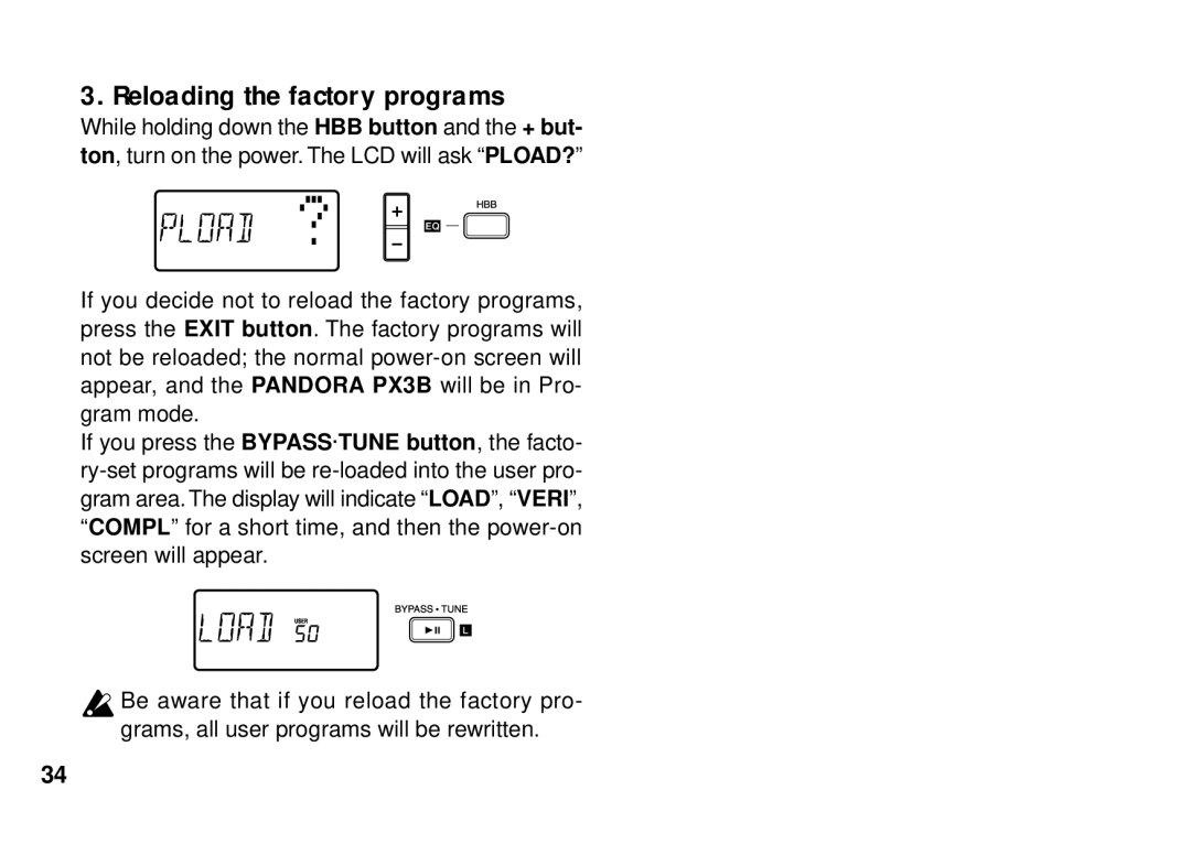 Korg PX3B manual Reloading the factory programs 