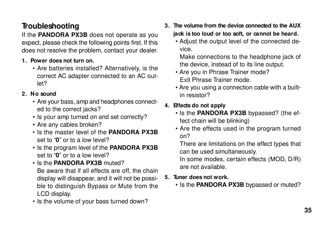 Korg PX3B manual Troubleshooting, Is the volume of your bass turned down? 