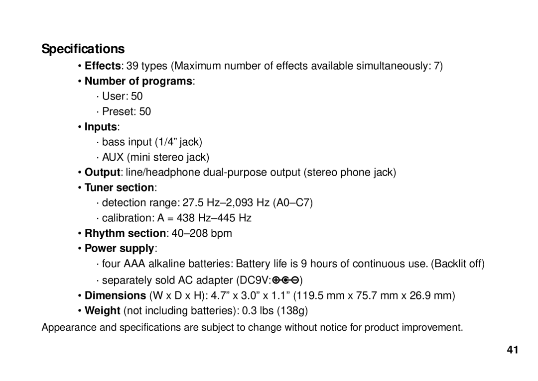 Korg PX3B manual Specifications, Number of programs, Inputs, Tuner section, Rhythm -208 bpm Power supply 