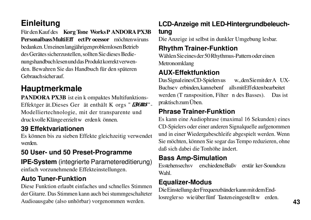 Korg PX3B manual Einleitung, Hauptmerkmale 