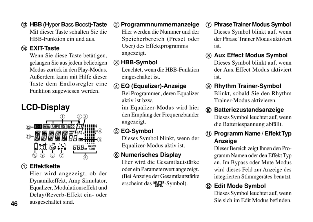 Korg PX3B EXIT-Taste, Effektkette, HBB-Symbol, EQ Equalizer-Anzeige, EQ-Symbol, Numerisches Display, Rhythm Trainer-Symbol 