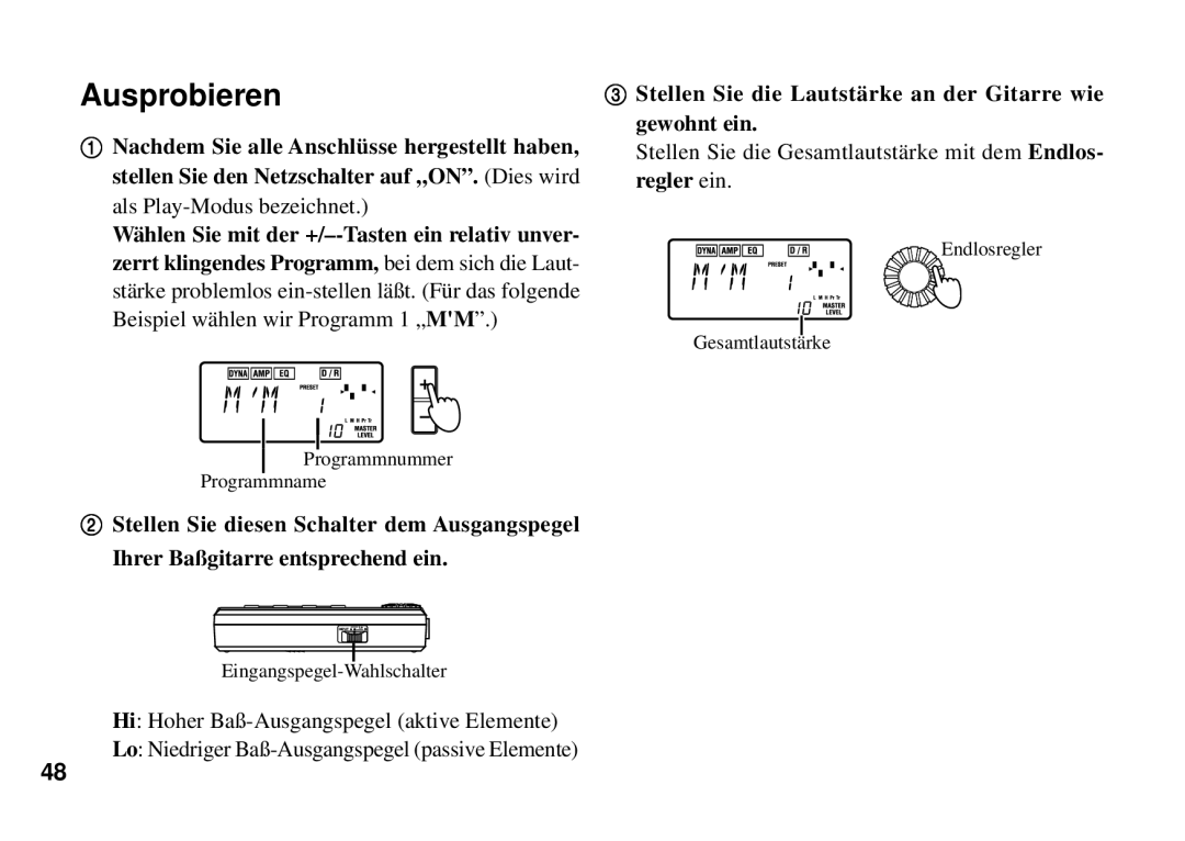 Korg PX3B manual Ausprobieren, Stellen Sie die Lautstä rke an der Gitarre wie gewohnt ein 