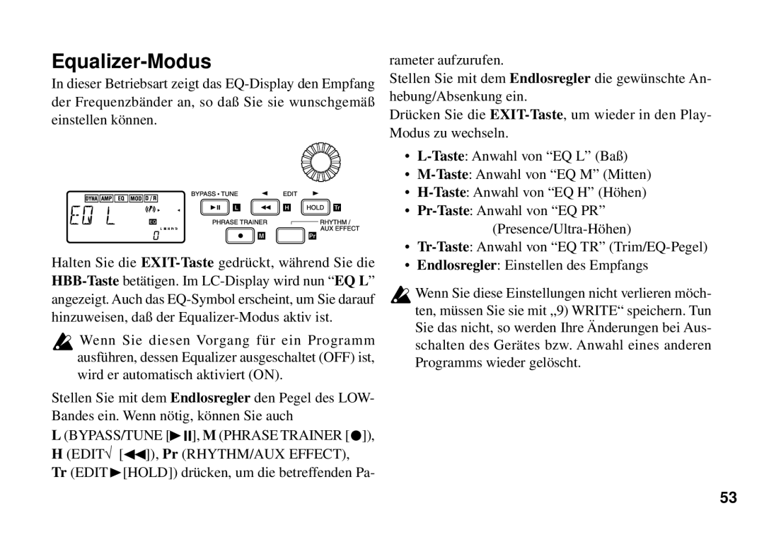 Korg PX3B manual Pr-Taste Anwahl von EQ PR Presence/Ultra-Hö hen 