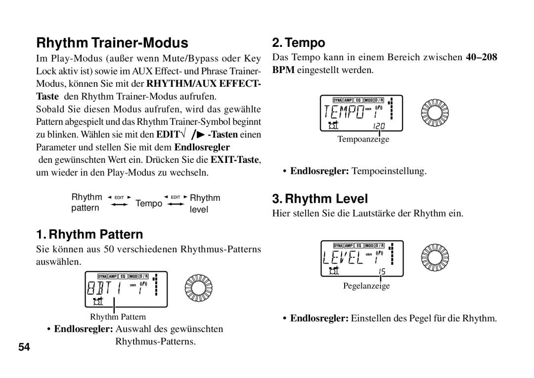 Korg PX3B manual Rhythm Trainer-Modus, Rhythm Pattern 