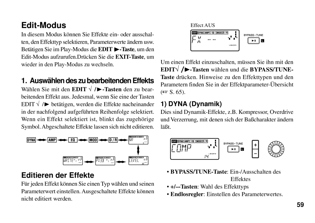 Korg PX3B manual Edit-Modus, Auswählen des zu bearbeitenden Effekts 