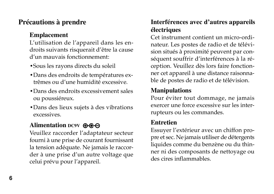 Korg PX3B manual Précautions à prendre, Emplacement 