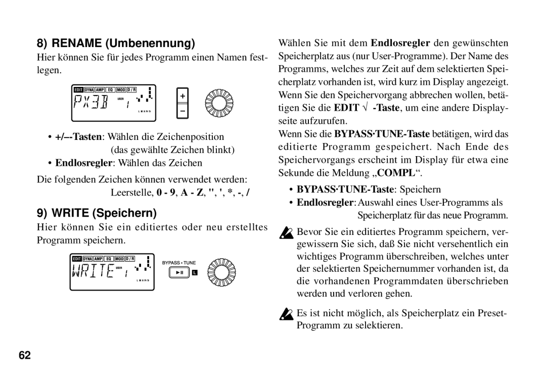 Korg PX3B manual BYPASS·TUNE-Taste Speichern 