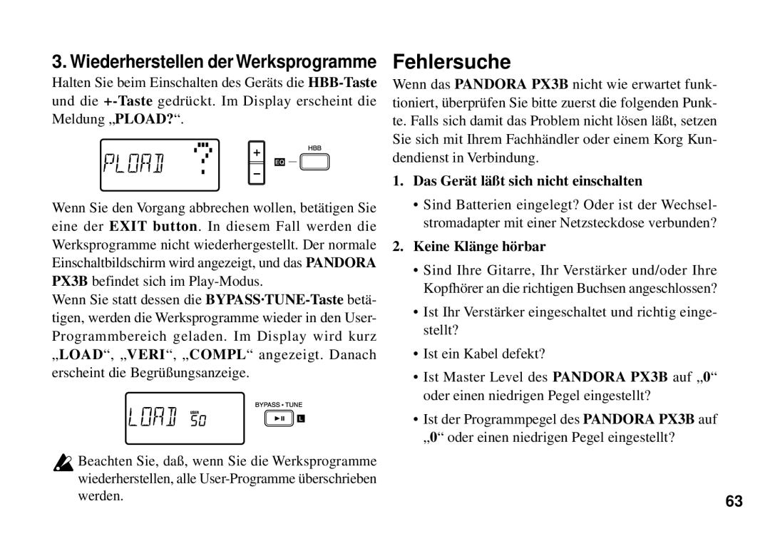 Korg PX3B manual Fehlersuche, Das Gerä t läß t sich nicht einschalten, Keine Klä nge hö rbar 